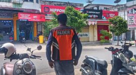 Juru Parkir Dishub Sikka saat mengatur parkir di salah satu jalan di Kota Maumere.