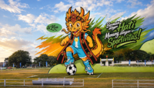 Kolaborasi gambar Maskot Piala Soeratin Cup dan lapangan GOR Samadir Maumere.