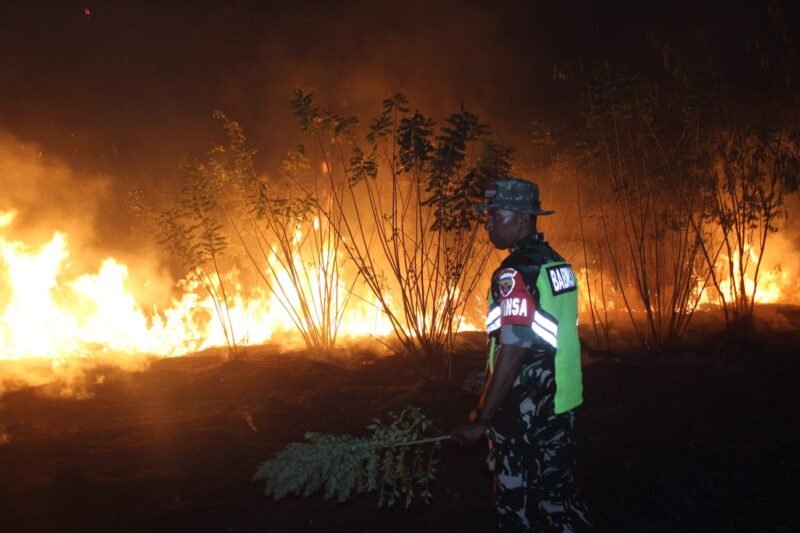 Keterangan foto: Babinsa Kopka Yoseph Win Benny dan seorang warga memadamkan api yang membakar lahan dengan peralatan seadannya, Kamis (27/8/2026) malam.